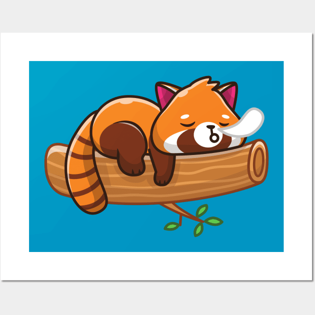 Cute Red Panda Sleeping On Wood Cartoon Wall Art by Catalyst Labs